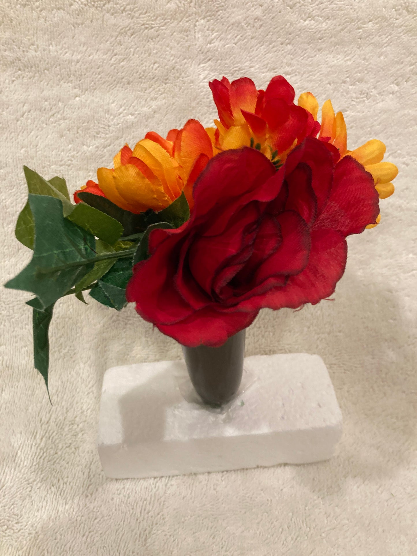 Niche Crypt Silk Flower Arrangement of Red Rose, Mum, Delphiniums &  Ivy -NO VASE