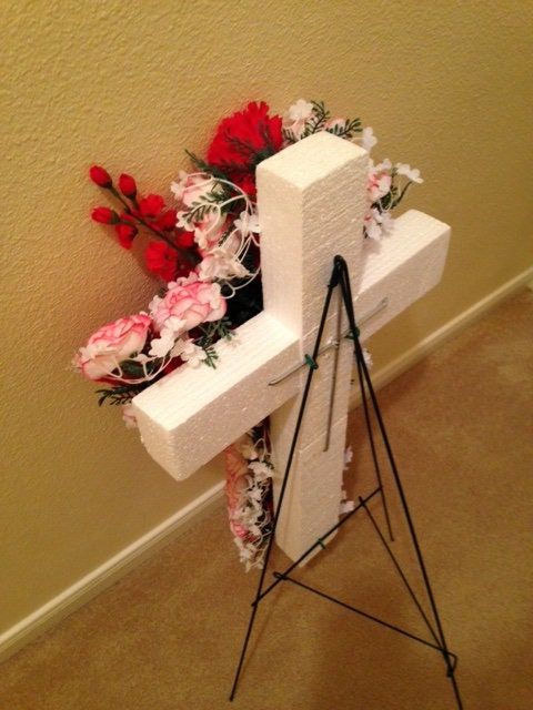 Cemetery SILK FLOWER CROSS in Red Deluxe Easel Mount for Grave-site Presentation in Remembrance of Loved Ones -