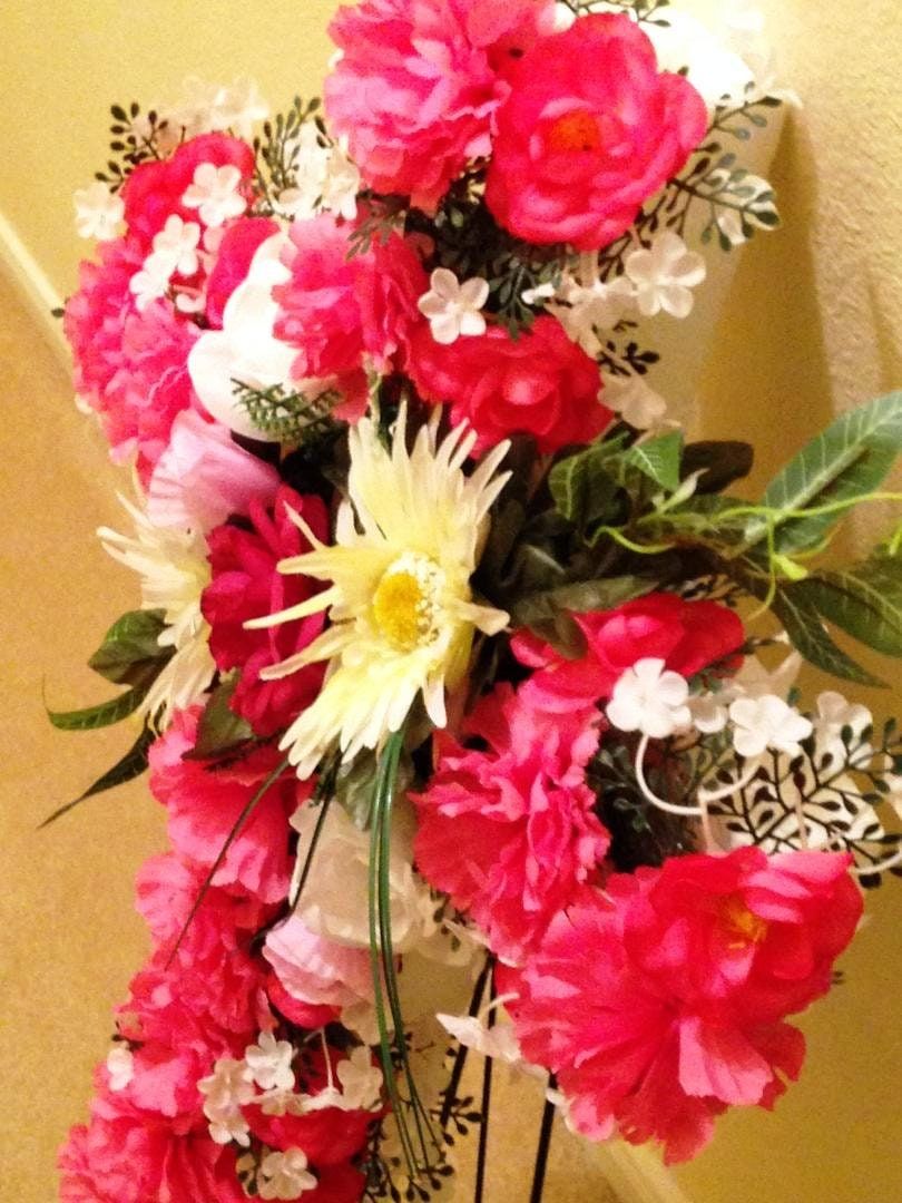 Cemetery Silk Flower CROSS in PINK Easel Mount for Grave-site Presentation in Remembrance of Loved Ones -