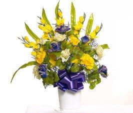 BASKET of Yellow Purple ROSE PEONY Gladiola Hoop Handle for Grave-site Presentation in Remembrance of Loved Ones..