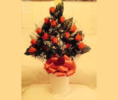 Cemetery Silk flower RED ROSEBUDS, Hoop Handle for Grave-site Presentation in Remembrance of Loved Ones -