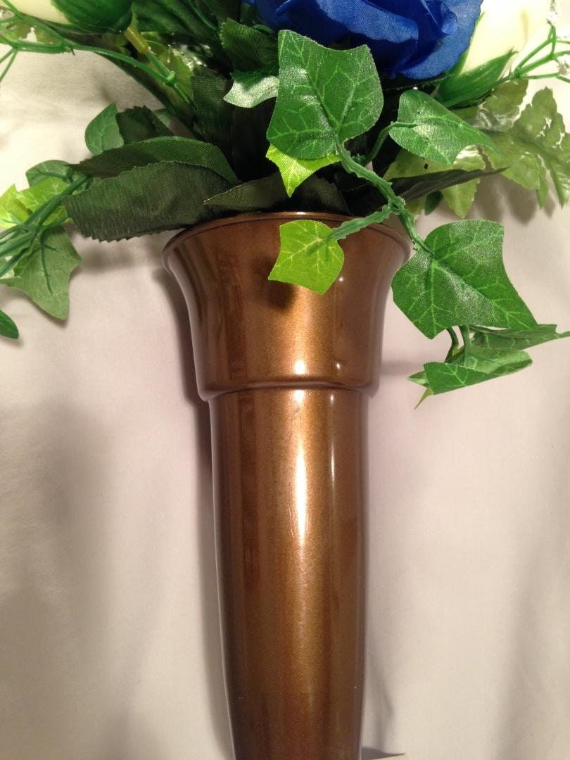 Crypt Mausoleum Vase & Cream Roses Blue Silk Flowers w/ Ring Bolt Support