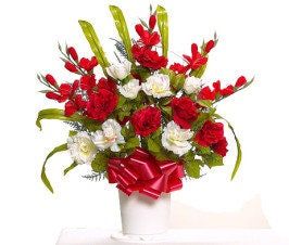 BASKET of Red & White ROSE PEONY Gladiola Hoop Handle for Grave-site Presentation in Remembrance of Loved Ones..