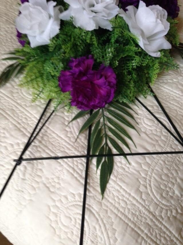 Cemetery SPRAY of SILK Flowers, easel mount in PURPLE for Grave-site Presentation in Remembrance of Loved Ones. Easel Mounted