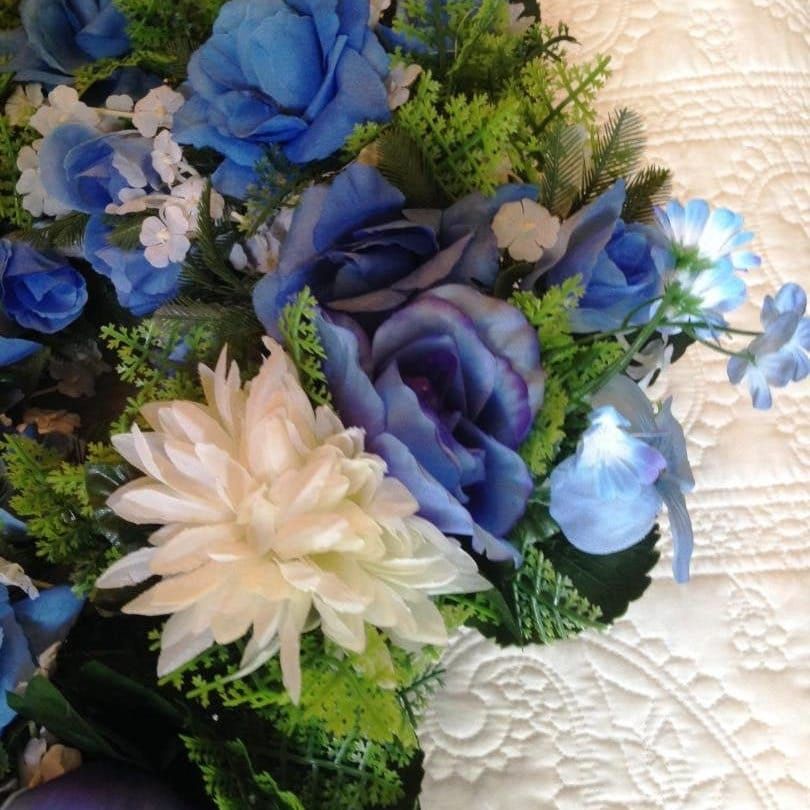 Cemetery WREATH on easel in BLUE Silks Large Deluxe  for grave-site presentation in remembrance of loved ones -
