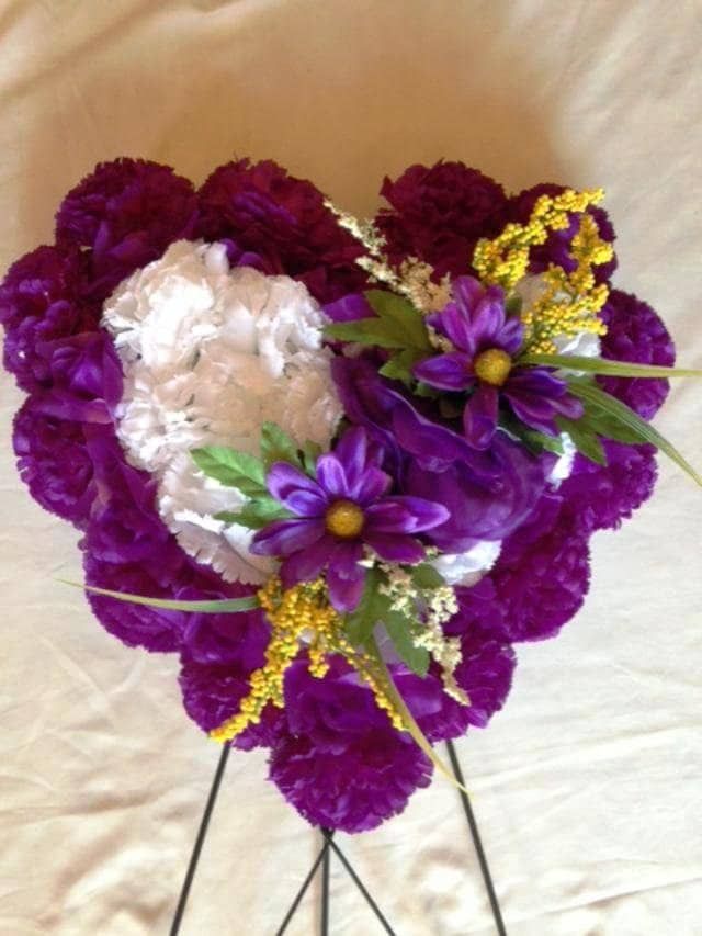 FLOWER Cemetery HEART on Easel with Purple Silk Carnations for grave-site presentation in remembrance of loved ones -