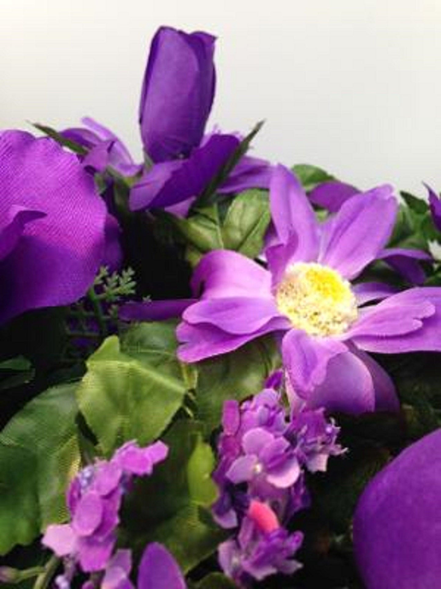 Flower Cemetery SADDLE for Headstone Mount in Silk PURPLE & White for Grave-site Presentation in Remembrance of Loved Ones.