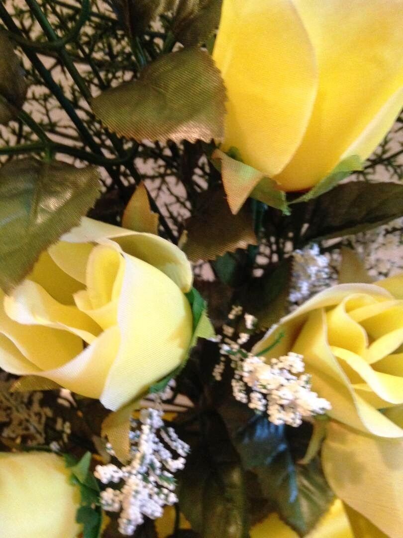 Cemetery Silk Flower YELLOW ROSEBUDS in Hoop Handle for Grave-site Presentation in Remembrance of Loved Ones -