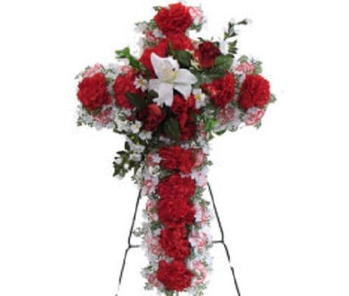 Cemetery SILK FLOWER CROSS in Red Deluxe Easel Mount for Grave-site Presentation in Remembrance of Loved Ones -