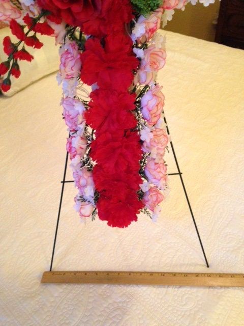 Cemetery SILK FLOWER CROSS in Red Deluxe Easel Mount for Grave-site Presentation in Remembrance of Loved Ones -