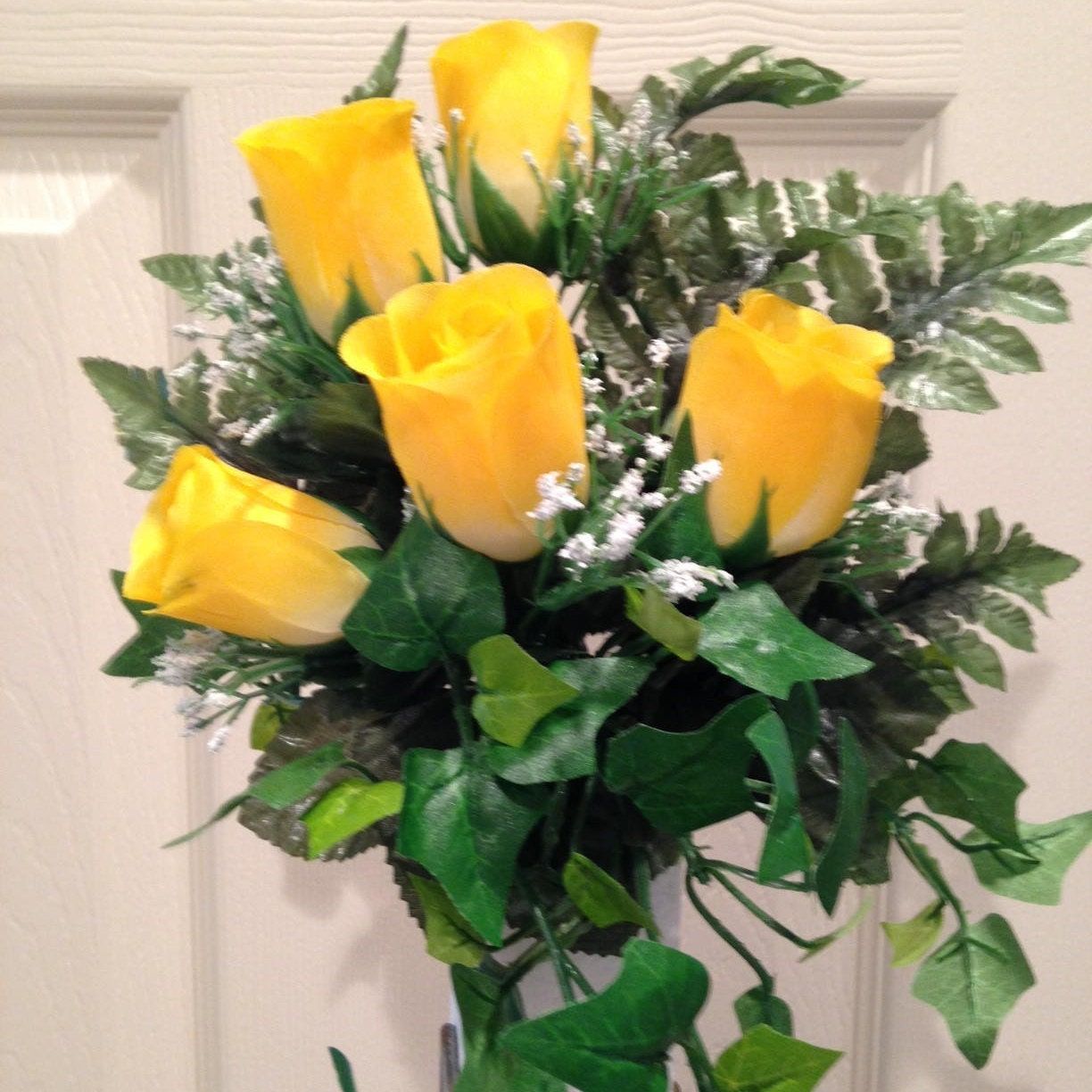 Artificial Flower CRYPT / MAUSOLEUM Bouquet (No Vase) of Yellow ROSE w/ Baby's Breath Ivy for Presentation in Remembrance of Loved Ones -