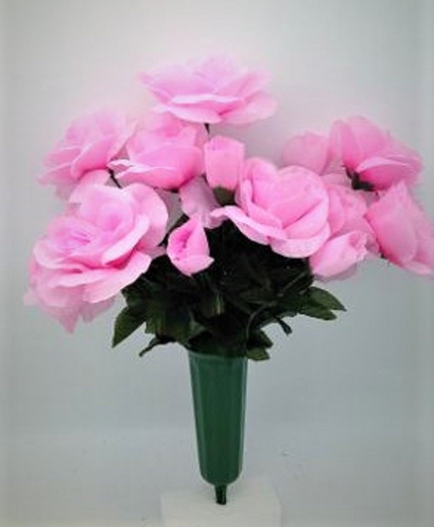 Cemetery Silk Flower Vase PINK Open Rose Bouquet