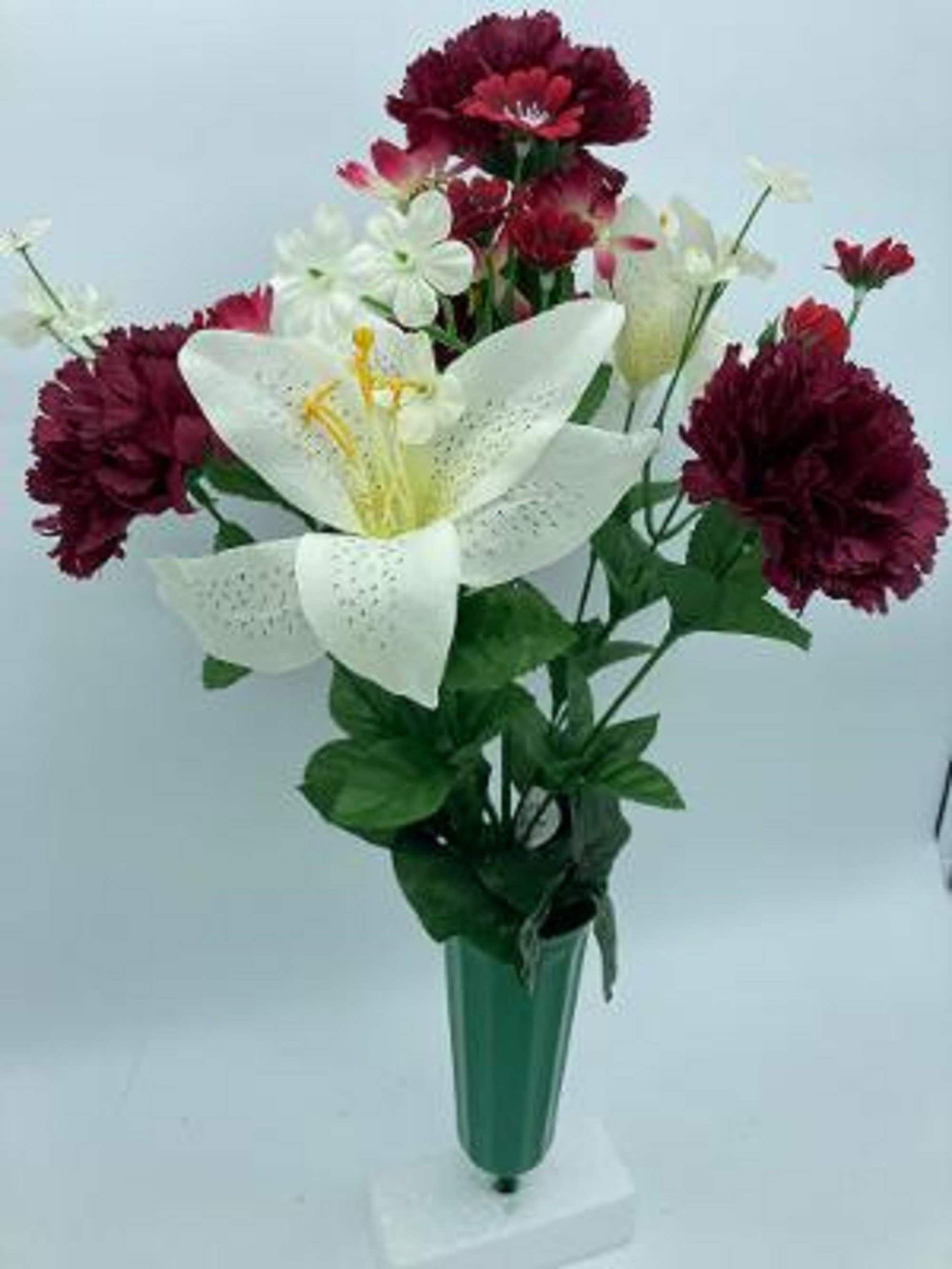 Cemetery Silk Flower Vase Dark Red Carnation Lily Bouquet