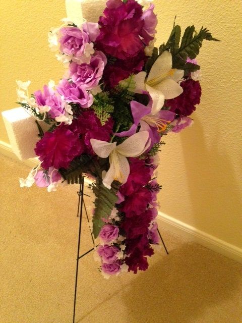 Cemetery Flower CROSS on Easel in Silk Purple Roses & Carnations for Grave-site Presentation in Remembrance of Loved Ones -