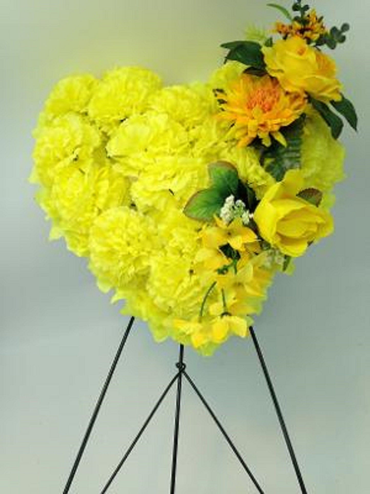 FLOWER Cemetery HEART on easel in Silk Yellow Roses & Carnations for grave-site presentation in remembrance of loved ones -