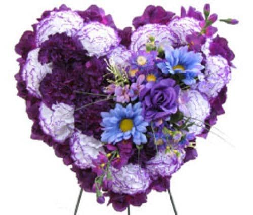 FLOWER Cemetery HEART on Easel with Purple Silk Carnations for grave-site presentation in remembrance of loved ones -