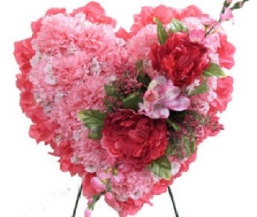 FLOWER Cemetery HEART on Easel with Silk Pink Carnations  for grave-site presentation in remembrance of loved ones -