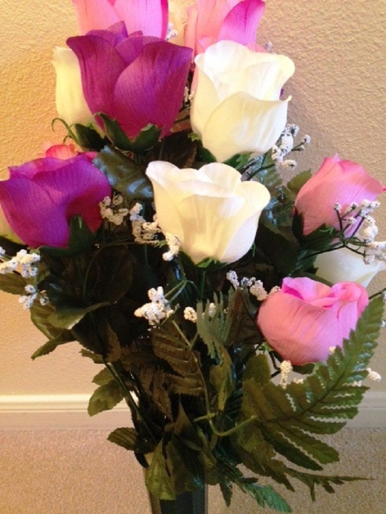 Cemetery VASE of ROSES Galore DELUXE Pink / Purple / White  for Grave-site Presentation in Remembrance of Loved Ones -