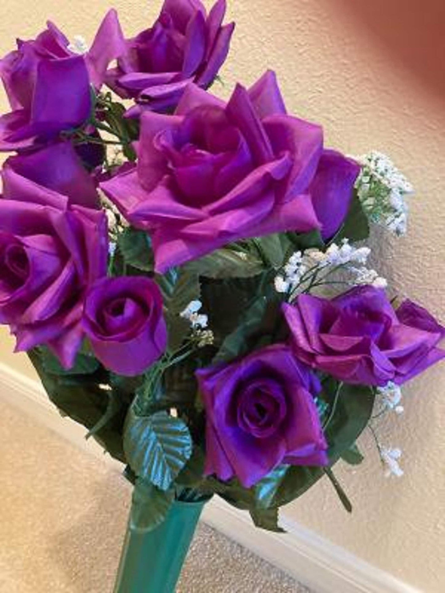 Cemetery Vase of Silk ROSES Deluxe for Grave-site Presentation in Remembrance of Loved Ones -