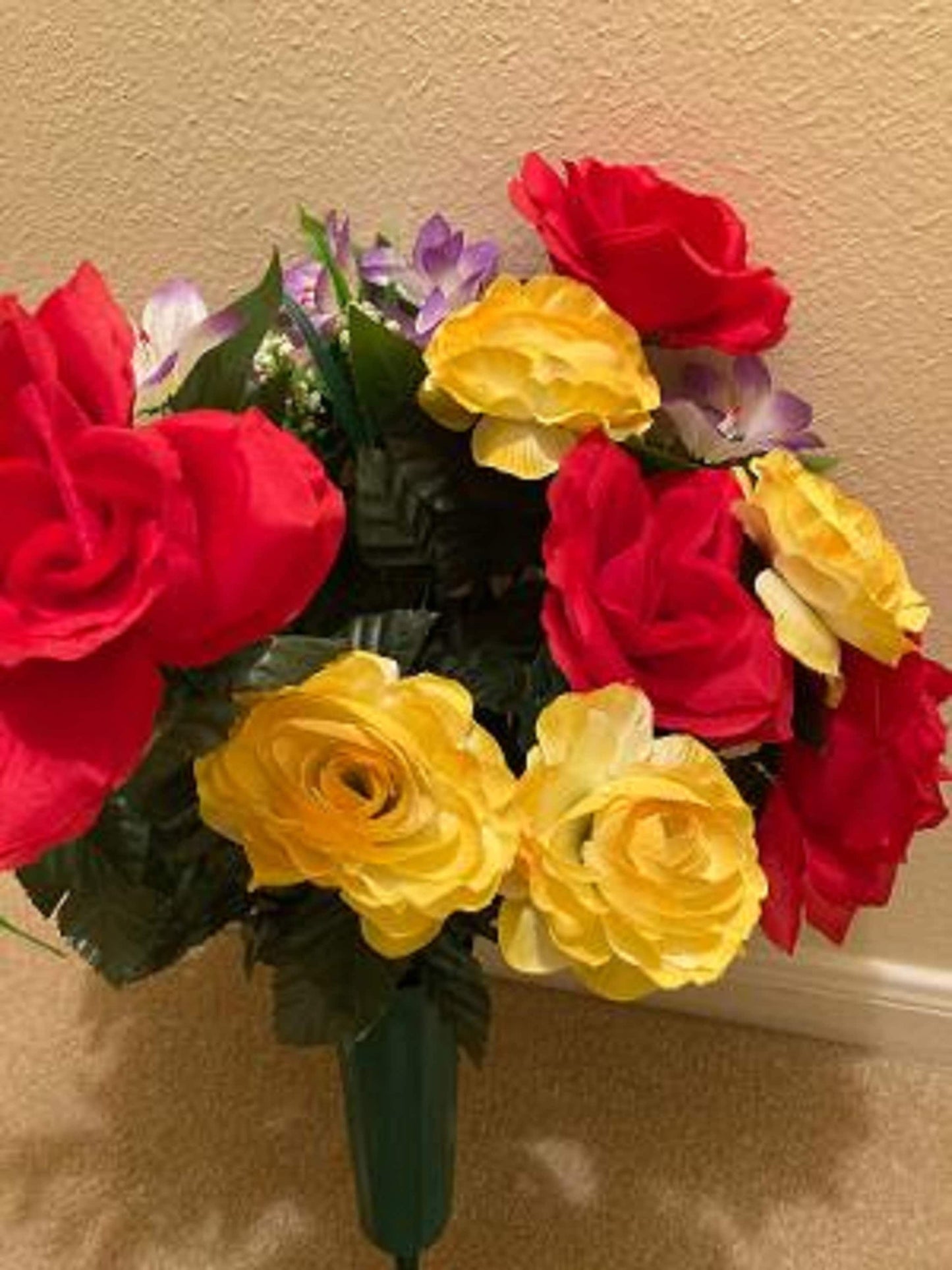 Cemetery Silk Red & Yellow Roses Supreme Arrangement with Vase