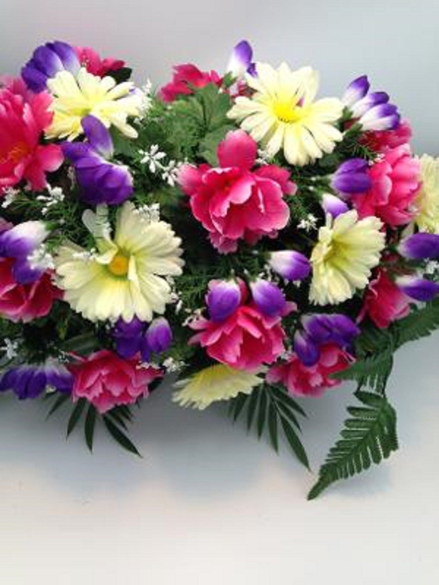 FLOWER Cemetery SADDLE for Headstone Mount in Silk Pink Carnations & Roses for Grave-site Presentation in Remembrance of Loved Ones -