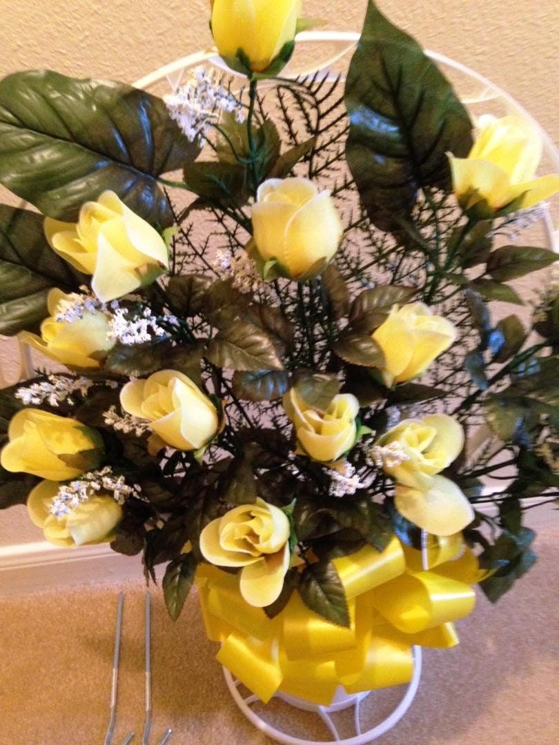 Cemetery Silk Flower YELLOW ROSEBUDS in Hoop Handle for Grave-site Presentation in Remembrance of Loved Ones -