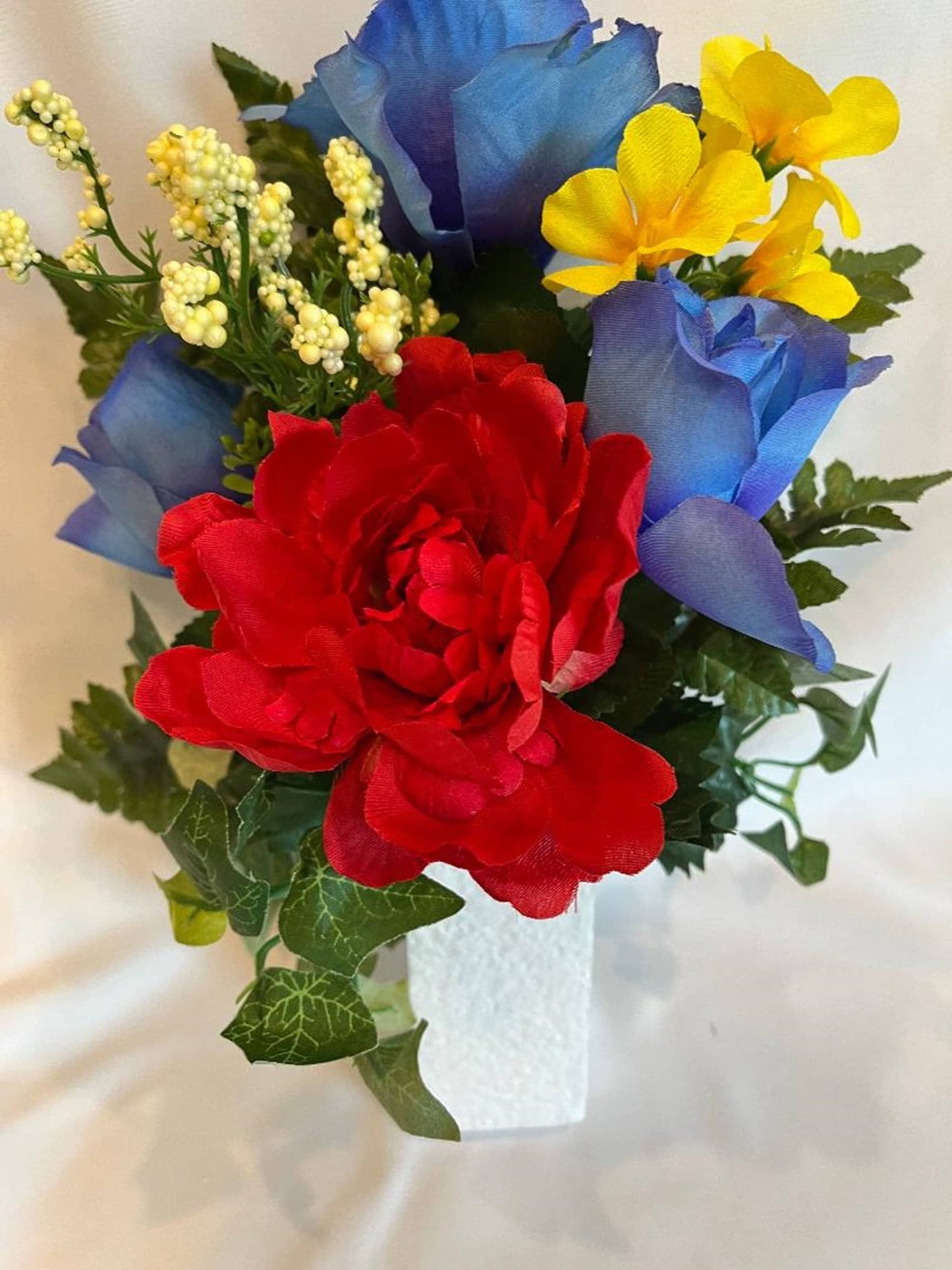 Crypt Mausoleum Silk Flower 3 Blue Roses & Red Delphinium plus Baby's Breath / Ivy Greenery (NO VASE)