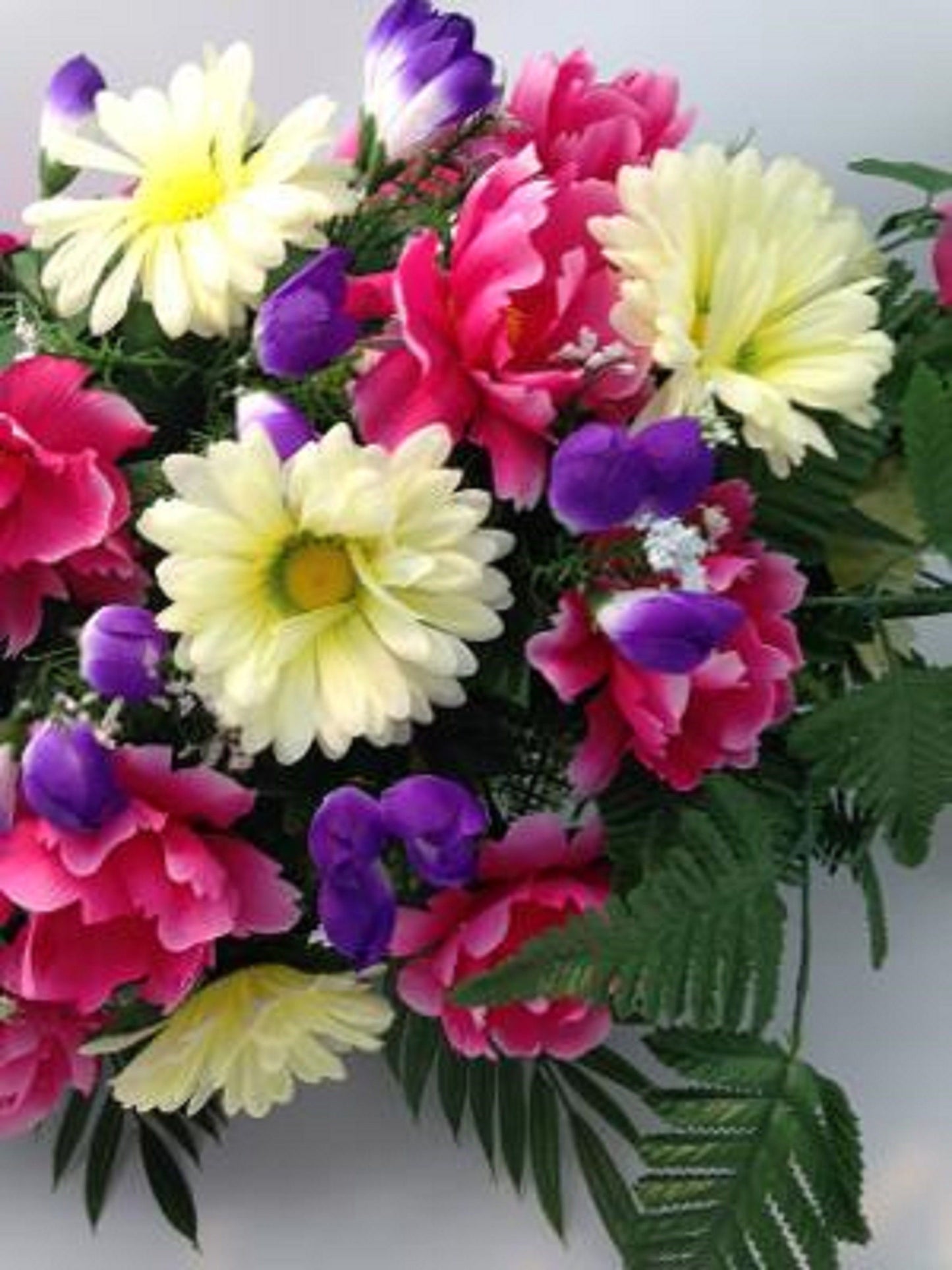 FLOWER Cemetery SADDLE for Headstone Mount in Silk Pink Carnations & Roses for Grave-site Presentation in Remembrance of Loved Ones -