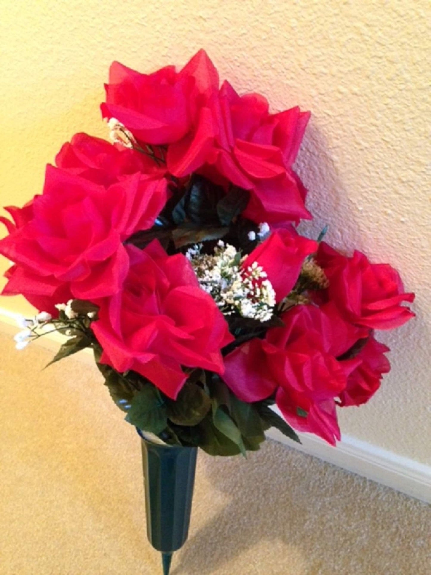 Cemetery Vase Red ROSES in Deluxe Open RED for Grave-site Presentation in Remembrance of Loved Ones -