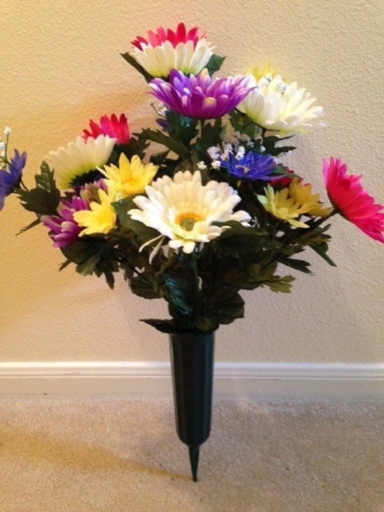 Cemetery Silk Flower Vase of Gerbera Sun Daisy Deluxe for Grave-site Presentation in Remembrance of Loved Ones -