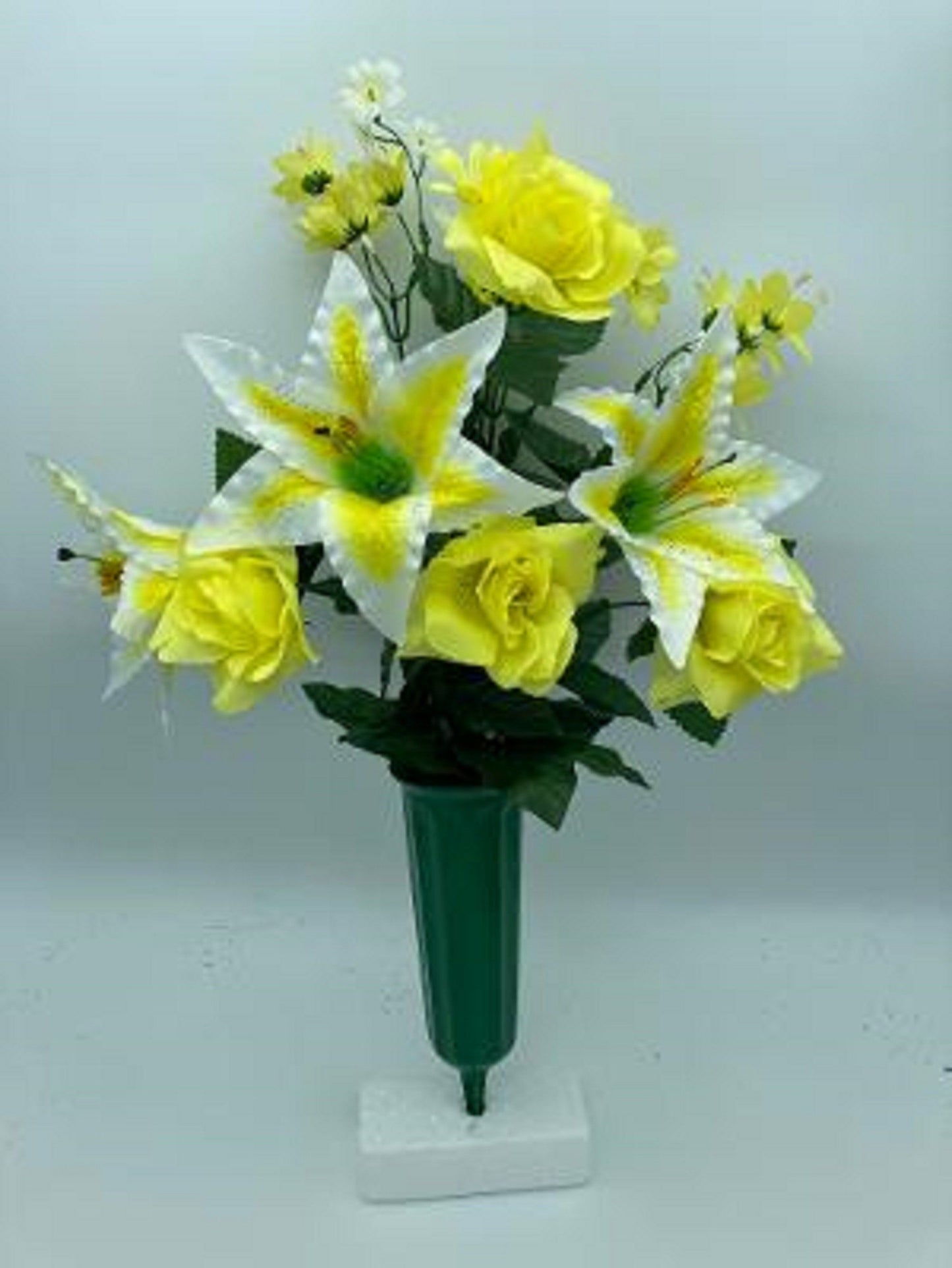 BOUQUET VASE of YELLOW Roses and White Tiger Lilies for Grave-site Presentation in Remembrance of Loved Ones Or Home Garden Use