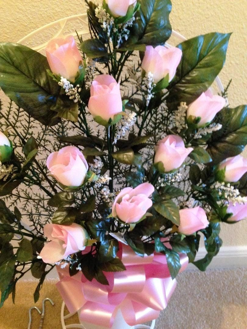 Cemetery Silk Flower PINK ROSEBUDS and Hoop Handle Basket for Grave-site Presentation in Remembrance of Loved Ones -