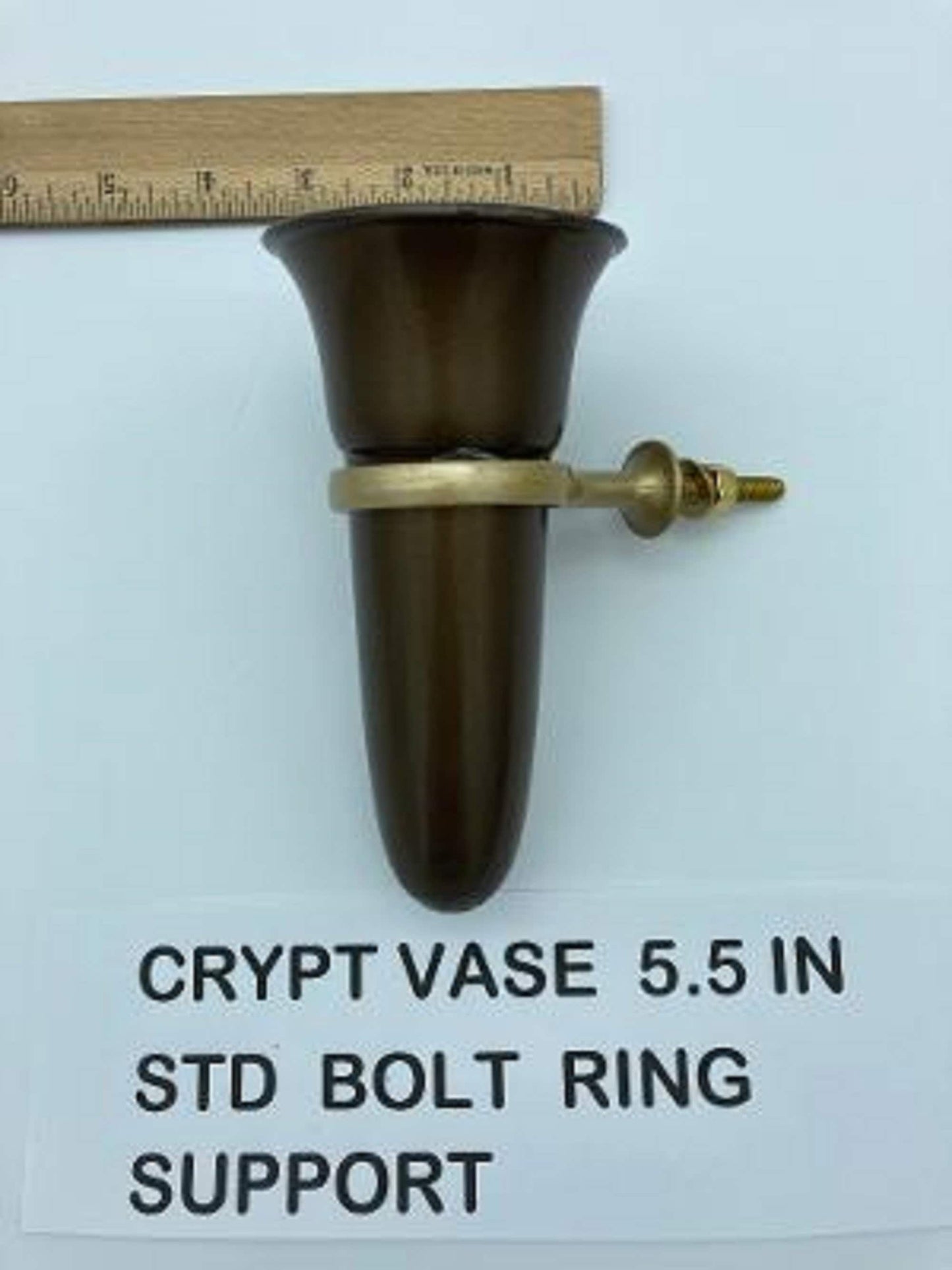 Crypt / Mausoleum  Flower Brown Vase - 5.5 IN with Standard Old GOLD Metal Bolt Ring Support -