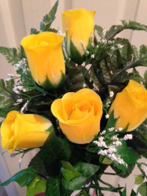 Artificial Flower CRYPT / MAUSOLEUM Bouquet (No Vase) of Yellow ROSE w/ Baby's Breath Ivy for Presentation in Remembrance of Loved Ones -