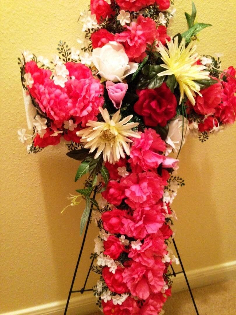 Cemetery Silk Flower CROSS in PINK Easel Mount for Grave-site Presentation in Remembrance of Loved Ones -