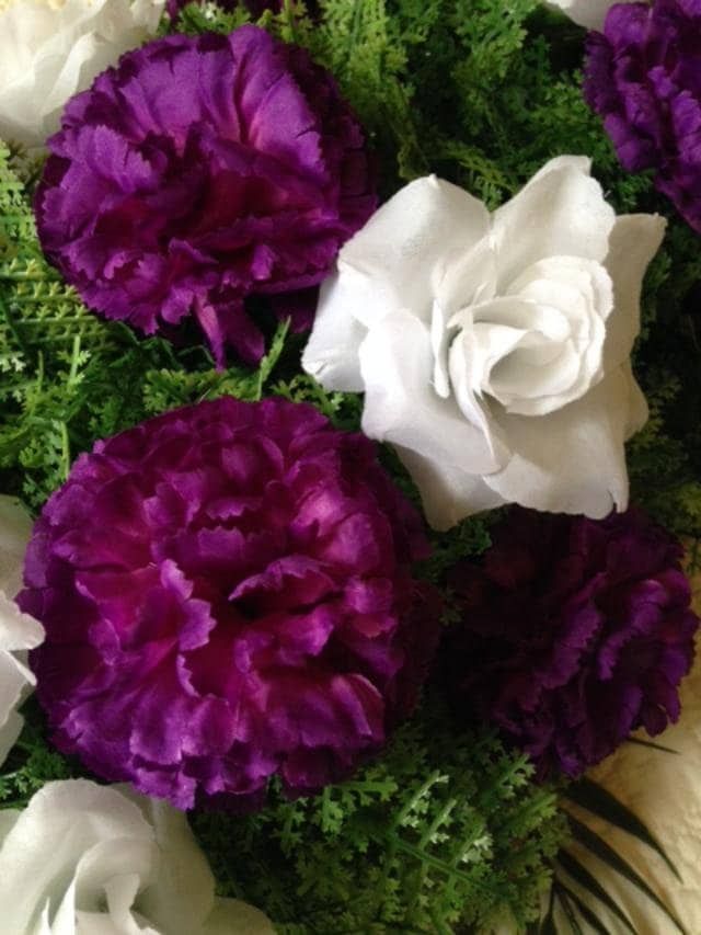 Cemetery SPRAY of SILK Flowers, easel mount in PURPLE for Grave-site Presentation in Remembrance of Loved Ones. Easel Mounted