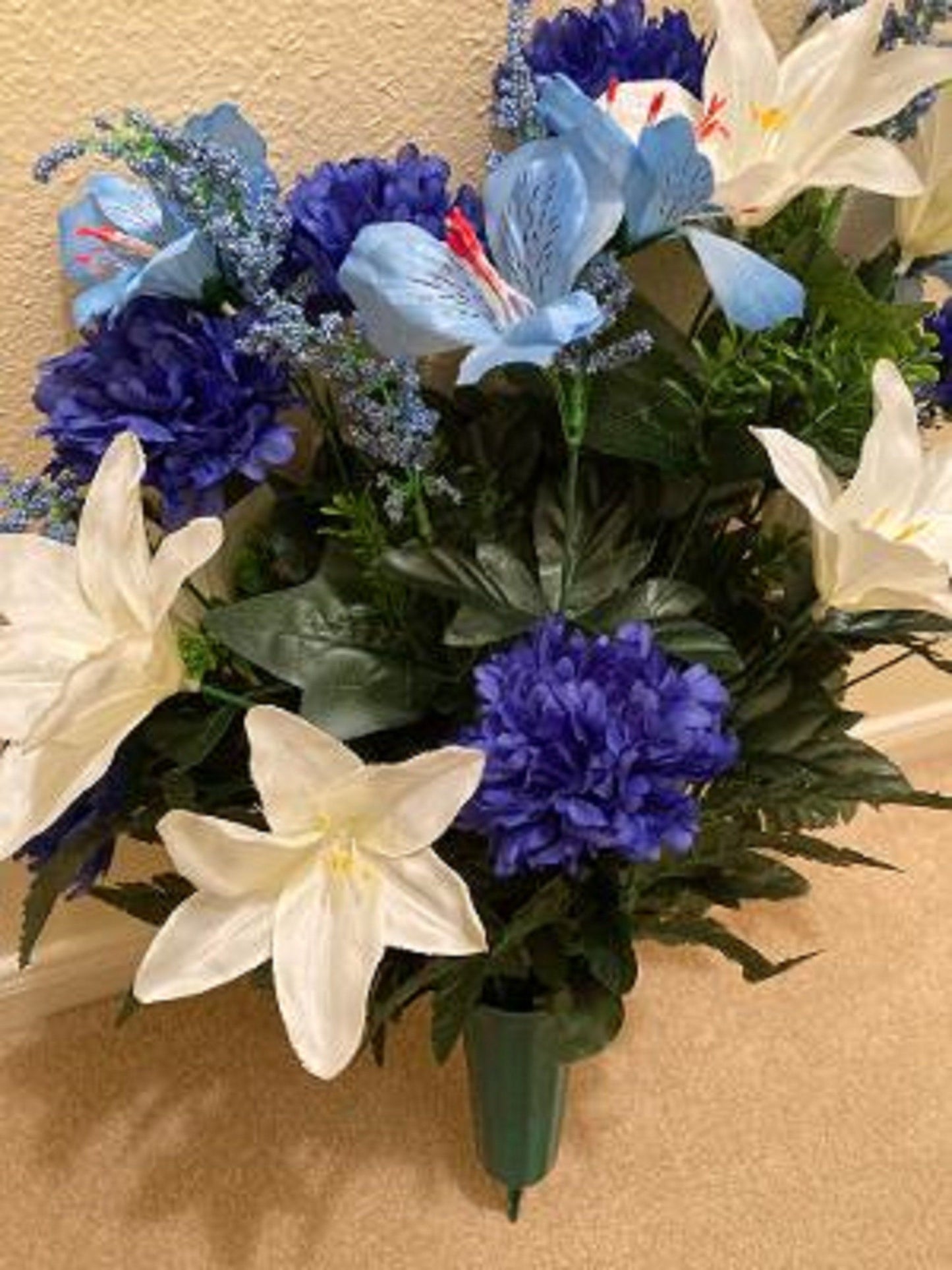 Cemetery Vase of Silk Blue Mum Lilly for Grave-site Presentation of Loved Ones -