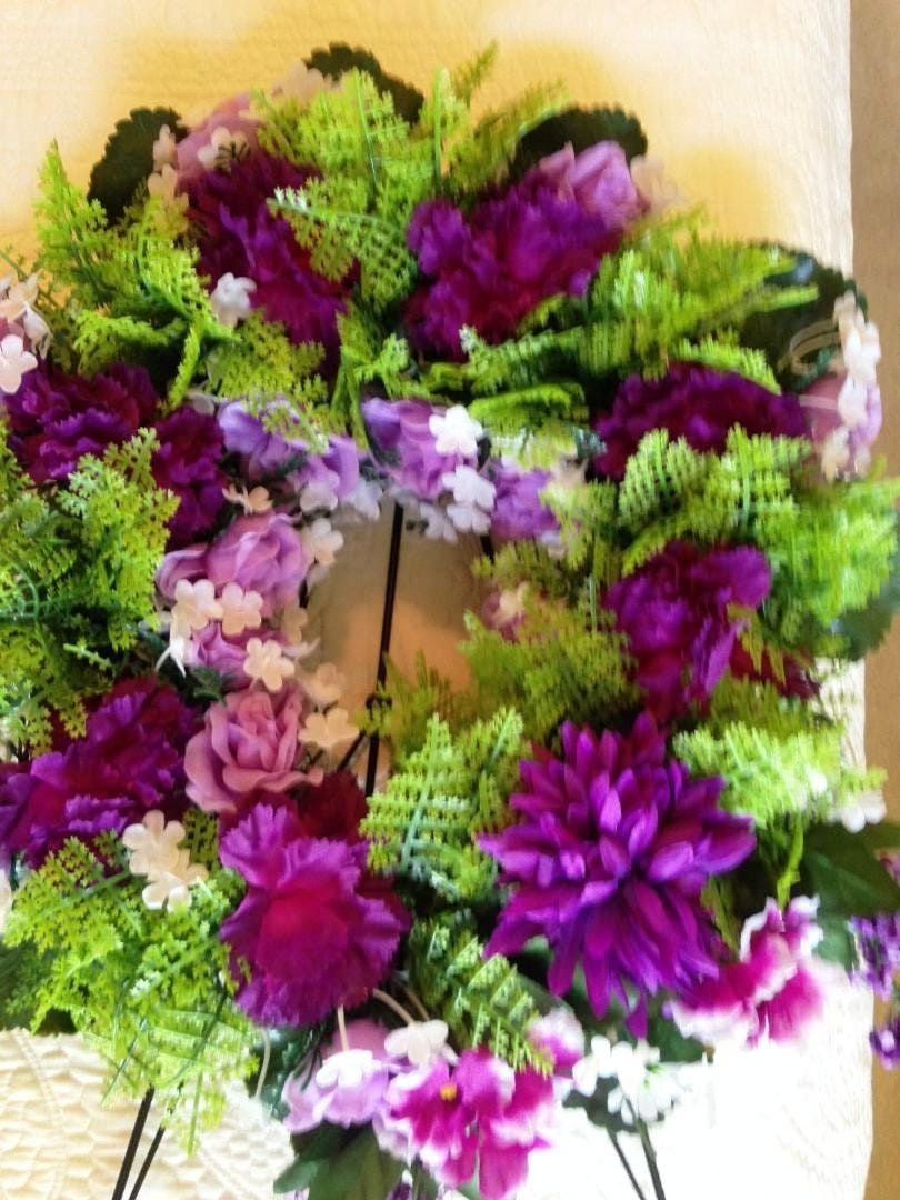 Cemetery WREATH on Easel Mount with PURPLE  Rose & Carnations for grave-site presentation in remembrance of loved ones -