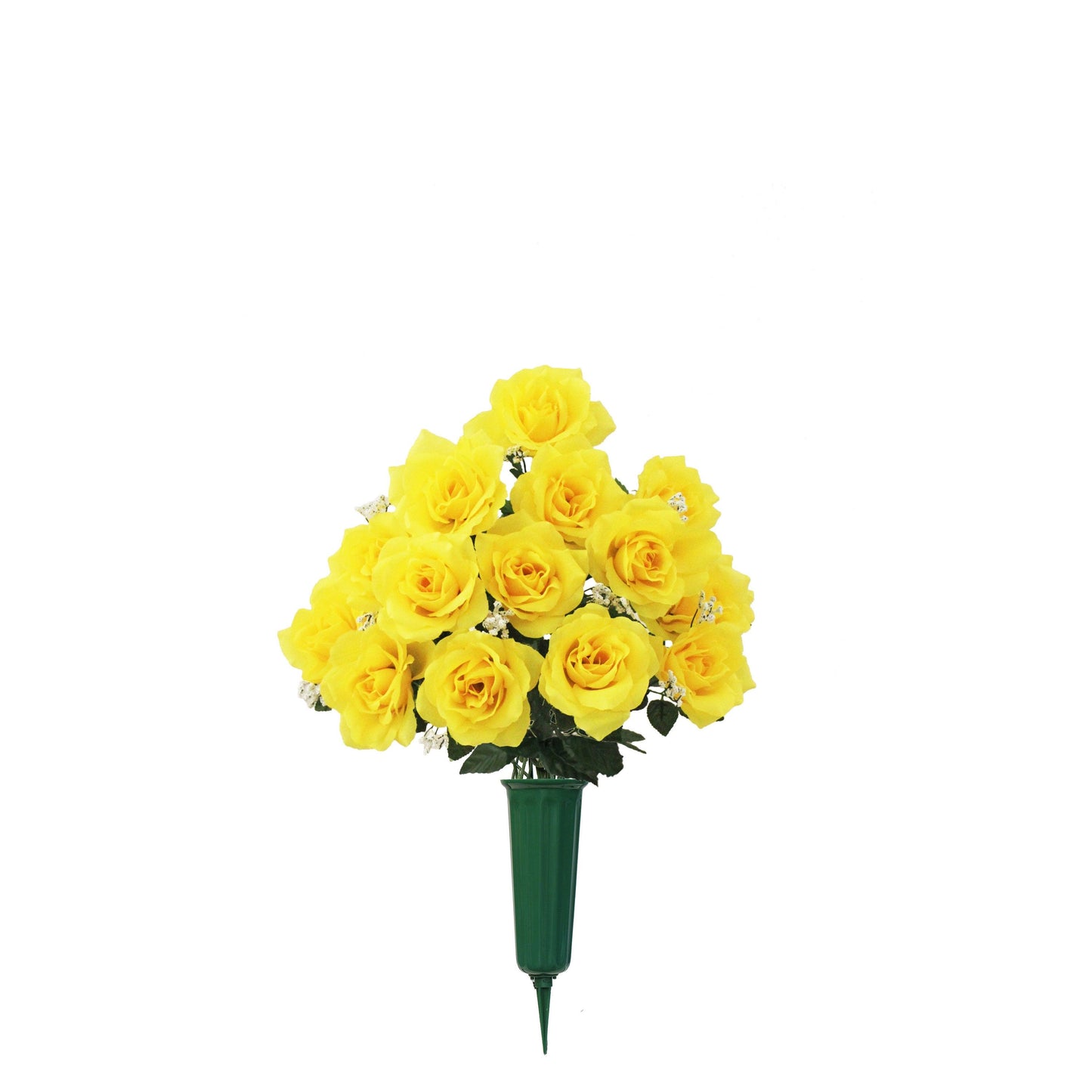 Cemetery VASE of Silk ROSES in Deluxe Yellow for Grave-site Presentation in Remembrance of Loved Ones -