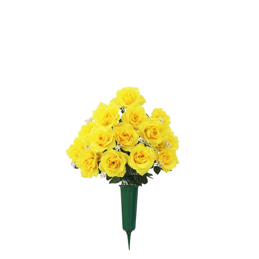 Cemetery VASE of Silk ROSES in Deluxe Yellow for Grave-site Presentation in Remembrance of Loved Ones -