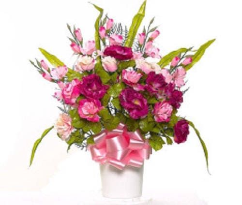 Cemetery Silk Flower Pink and Dark Red ROSE PEONY Gladiola Hoop Handle Basket for Grave-site Presentation in Remembrance of Loved Ones -