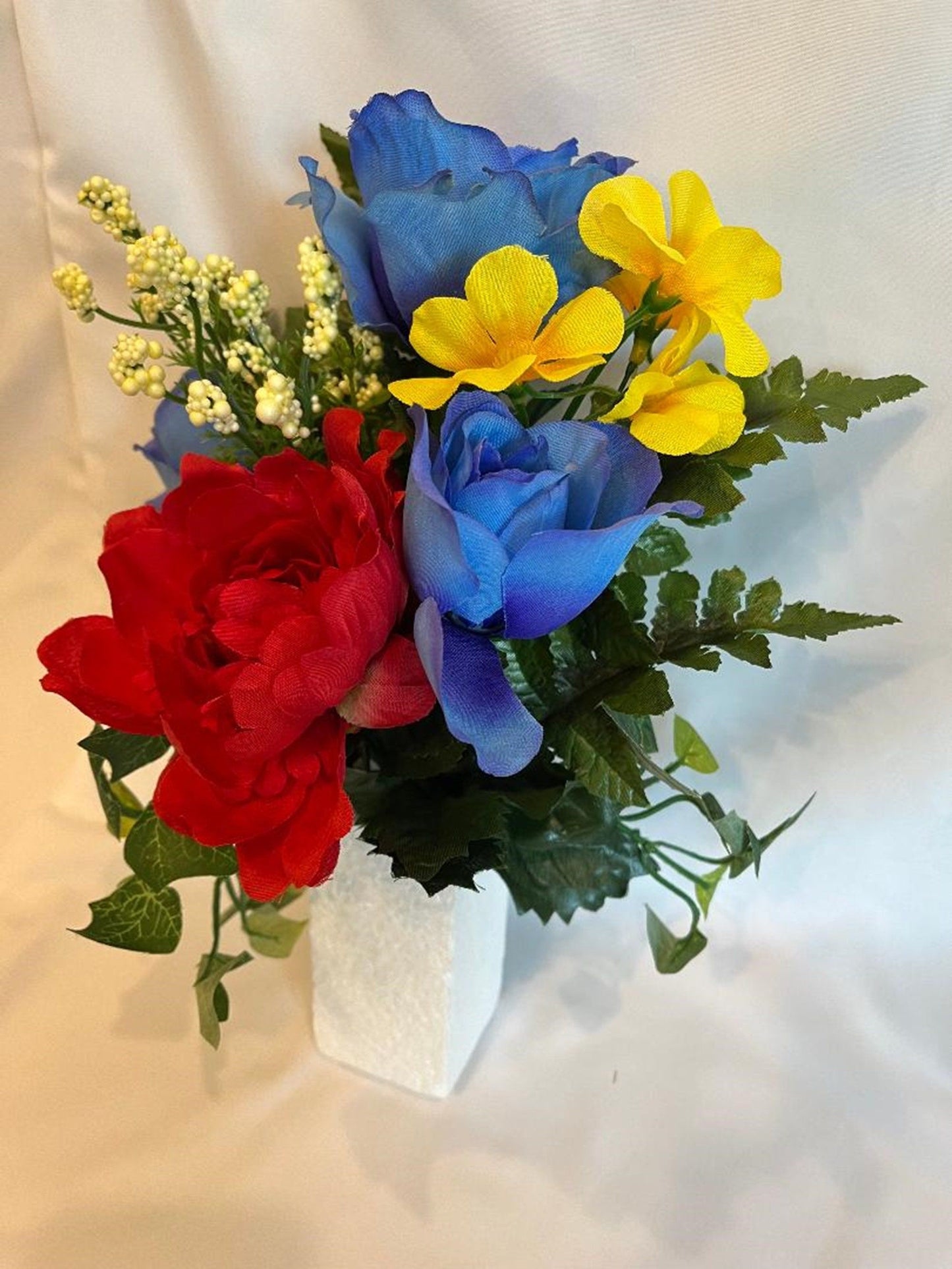 Crypt Mausoleum Silk Flower 3 Blue Roses & Red Delphinium plus Baby's Breath / Ivy Greenery (NO VASE)