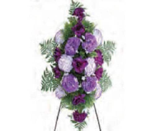 Cemetery SPRAY of SILK Flowers, easel mount in PURPLE for Grave-site Presentation in Remembrance of Loved Ones. Easel Mounted