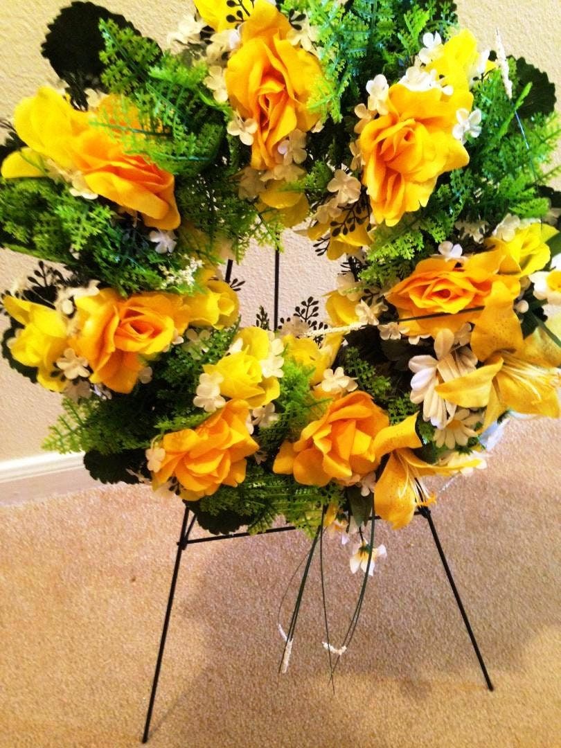 Cemetery SILK WREATH in YELLOW Deluxe Large Easel Mount for grave-site presentation in remembrance of loved ones -