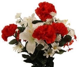Bouquet Vase RED Carnations & WHITE Lilies for Grave-site Presentation in Remembrance of Loved Ones Or Home Garden Use -