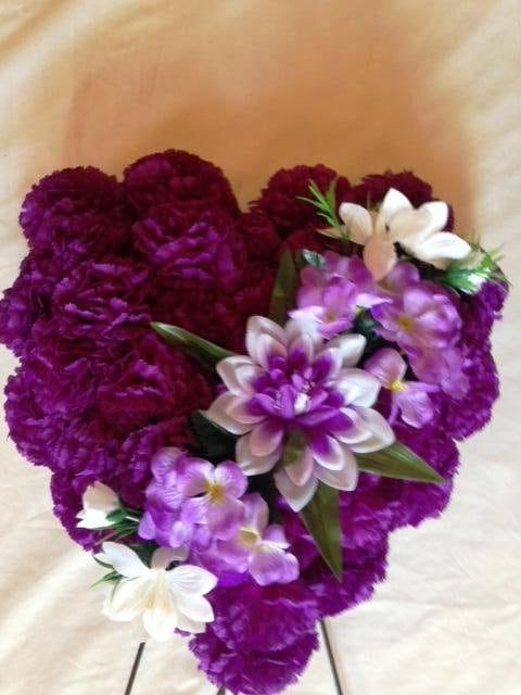 FLOWER Cemetery HEART on Easel with Purple Silk Carnations for grave-site presentation in remembrance of loved ones -