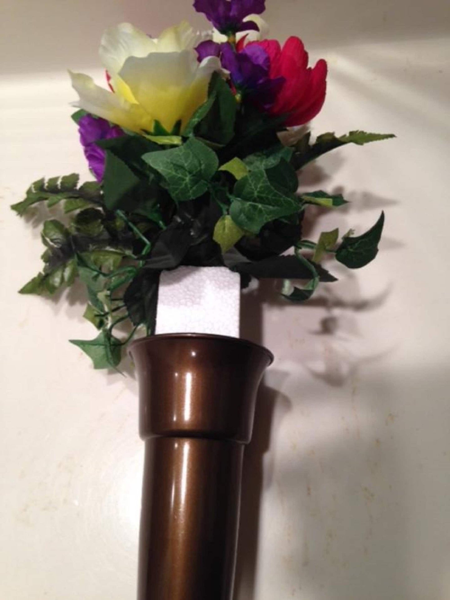 Crypt Mausoleum Vase & Silk Flowers w/ Epoxy Disc Base Ring