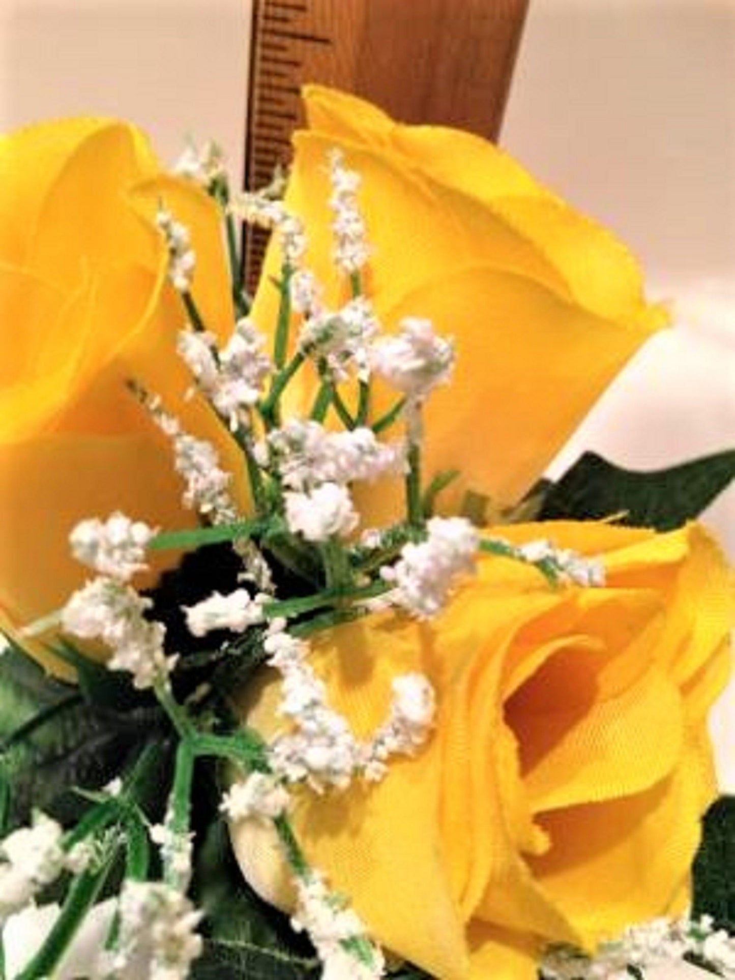 Niche / Crypt Silk Flower arrangement of Yellow Rose Baby's Breath Ivy - NO Vase