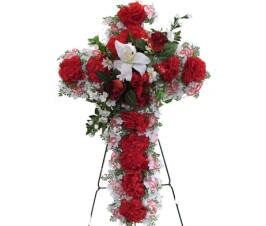 Cemetery SILK FLOWER CROSS in Red Deluxe Easel Mount for Grave-site Presentation in Remembrance of Loved Ones -