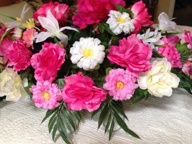 FLOWER Cemetery SADDLE for Headstone Mount in Silk Pink Carnations & Roses for Grave-site Presentation in Remembrance of Loved Ones -